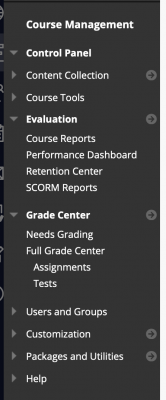 HuskyCT left side Instructor menu bar